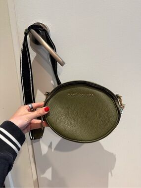 Marc Jacobs Olive Green Pebbled Leather Round Crossbody with Striped Strap